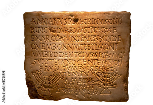 Roman tomb inscription of Hebrew religion with hebrew typography sculpted on a rectangular marble stone block from ancient Lusitania in Merida, Extremadura. IV century. Aniano Peregrino.