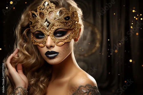 Seductive young woman wearing carnival mask in studio shot with copy space for text placement
