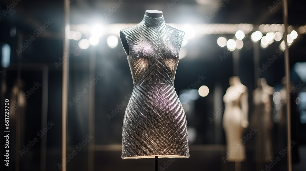 Obraz premium Silver dress with sparkles on a mannequin in a store.