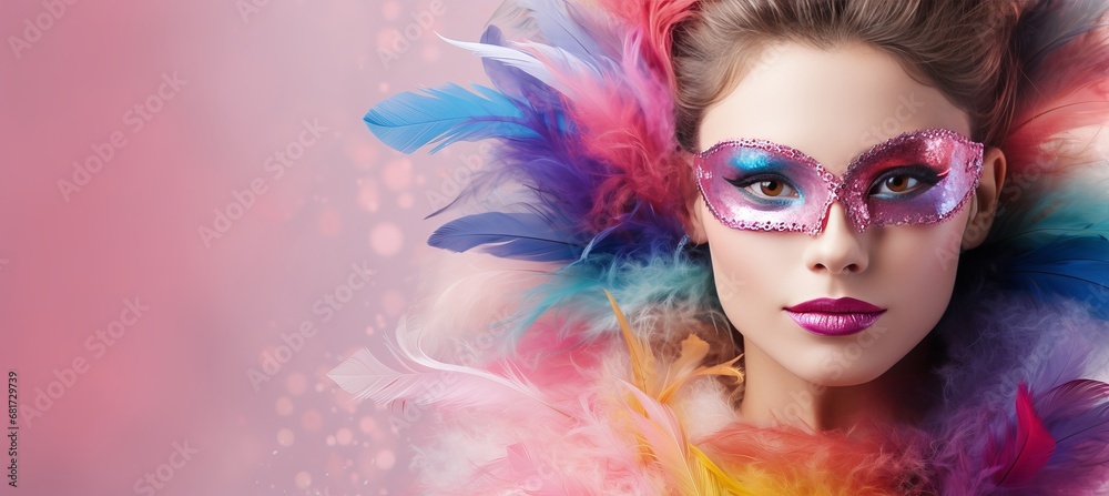 Young woman wearing carnival mask on vibrant studio background with copy space for text placement