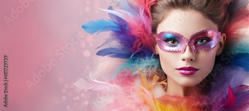 Young woman wearing carnival mask on vibrant studio background with copy space for text placement