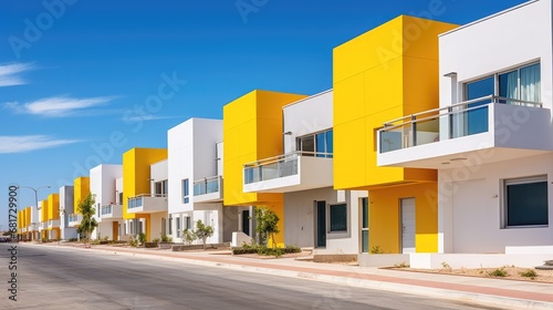 "Decide your lifestyle! Just completed yellow townhouses in a modern village with a blue sky. © pvl0707