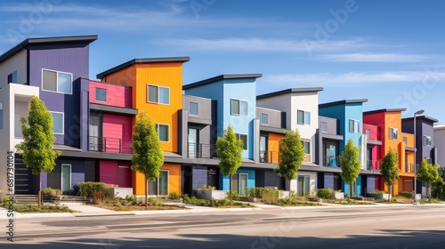 Discover your dream home! Residential townhouses against a blue sky on a sunny day. Colorful modern exteriors showcase brand new houses just after construction. © pvl0707