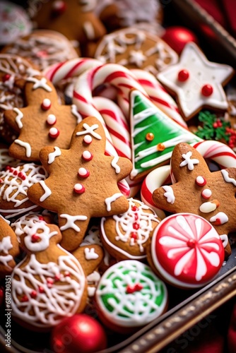 tray filled with freshly baked cookies in shape of Christmas trees, gingerbread men, and candy canes © olegganko