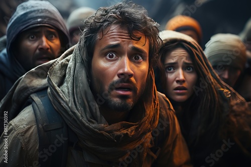 The poignant stock photo captures a group of scared refugees at a border, their faces etched with fear as they gaze apprehensively at an unseen threat. 