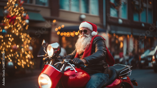 Biker on a motorcycle in a Santa Claus costume. Extreme travel concept