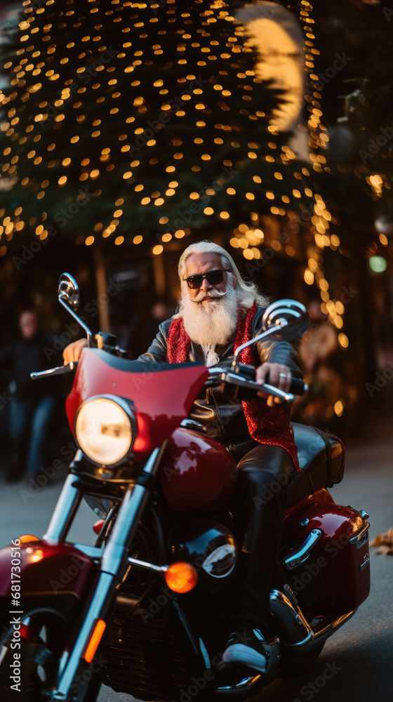 Concept of festive festivals and events for Christmas. Modern Santa with beard and sunglasses on motorcycle