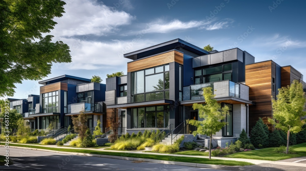 Experience modern living! Panoramic view of a parkside with a new row ...