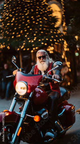 Concept of festive festivals and events for Christmas. Modern Santa with beard and sunglasses on motorcycle