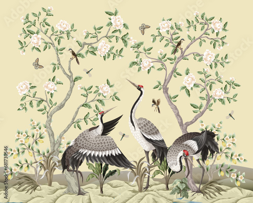 Chinoiserie wallpaper with peonies trees and dancing crenies. Vector.
