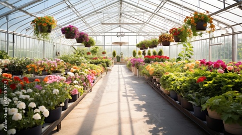 An image of a clean  modern greenhouse filled with rows of potted plants and flowers