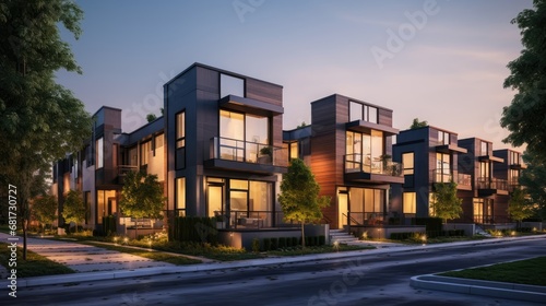 Experience modern living! Panoramic view of a parkside with a new row of three-story single-family houses. Modern urban residential design with side private spaces.