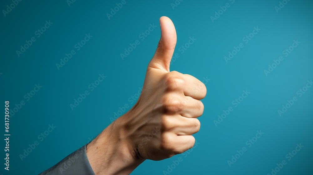 A person making a thumbs-up gesture against a blue