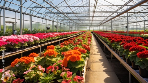 An image of a clean  modern greenhouse filled with rows of potted plants and flowers
