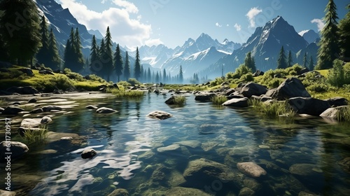 A serene mountain lake between towering peaks