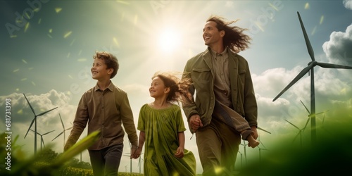 Happy Family and Child Embrace Within Windmills on a Green Meadow  Advocating Environmental Awareness and Sustainable Living