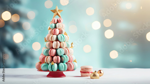 Christmas background with decorative Christmas tree with copy space. Sweet macaroons arranged in a Christmas tree with a star on the top. photo