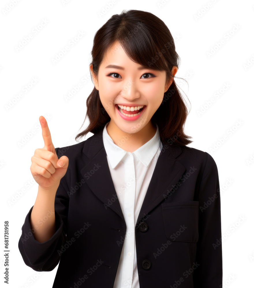 laughing japanese businesswoman who holds her index finger up to explain or point. Transparent background laughing japanese businesswoman who holds her index finger up to explain or point. Transparent background
