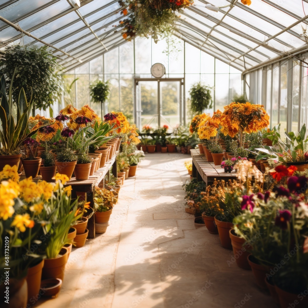 An image of a clean, modern greenhouse filled with rows of potted plants and flowers