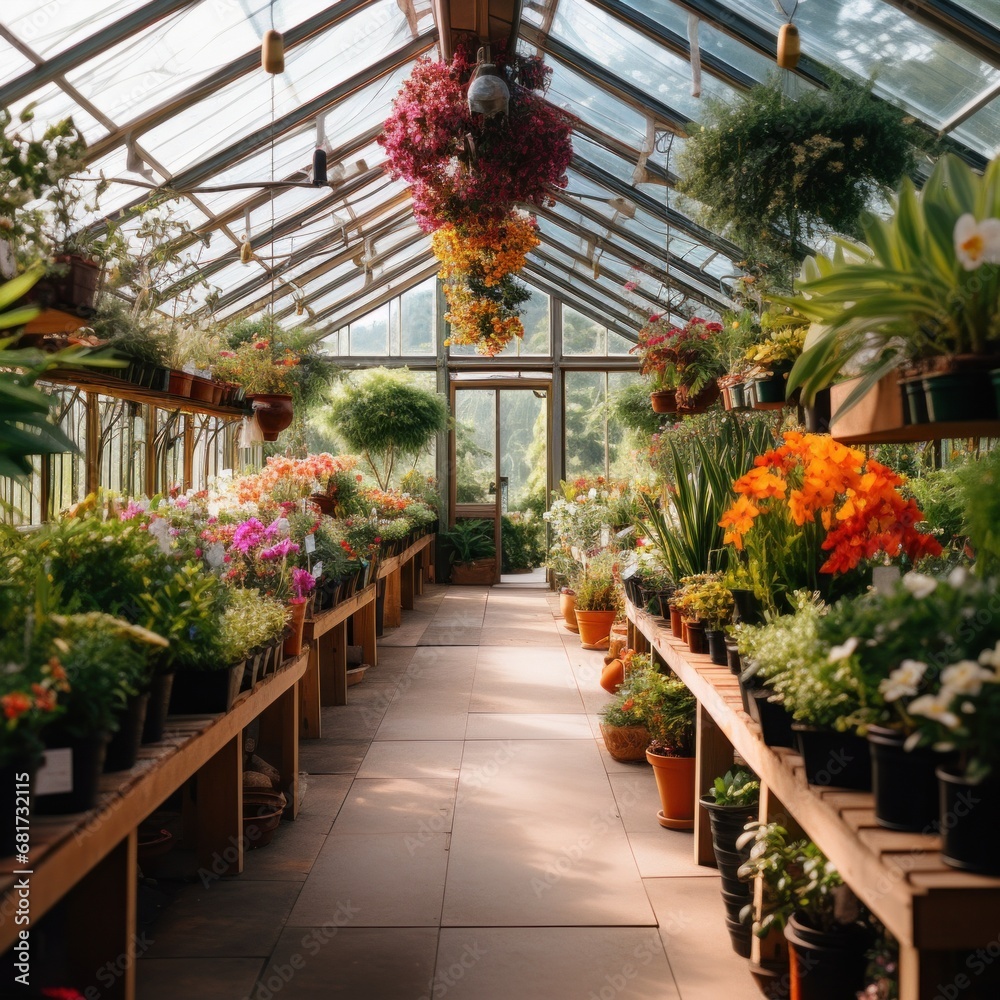 An image of a clean, modern greenhouse filled with rows of potted plants and flowers