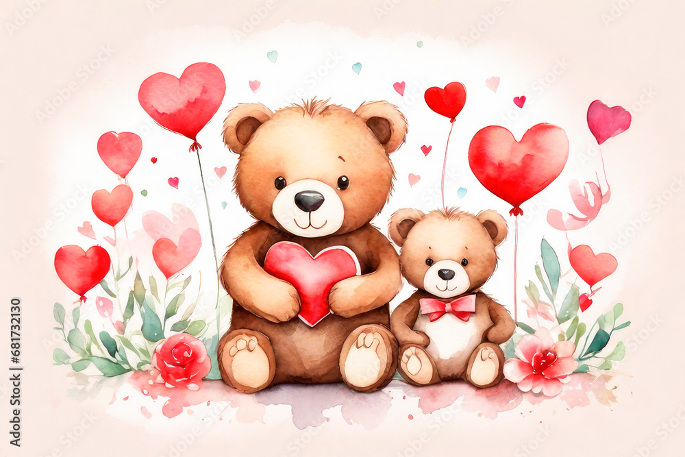 Happy valentine's greeting card with very cute bears, cartoon character. Watercolor. Happy valentine's greeting card with very cute bears, cartoon character. Watercolor.