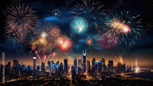 As the clock strikes midnight, fireworks illuminate the night sky, painting it with bursts of color