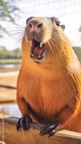 a capybara in a zoo, there large front teeth and webbed feet © olegganko