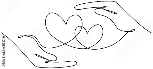 Hands holding two hearts continuous one line drawing. Love couple linear concept. Hand drawn vector illustration isolated on white.