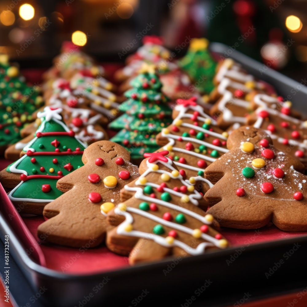 tray filled with freshly baked cookies in shape of Christmas trees, gingerbread men, and candy canes