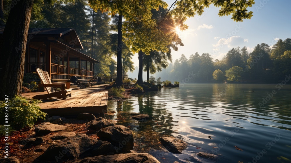 Fototapeta premium A calm morning shot of a log cabin dock reflecting