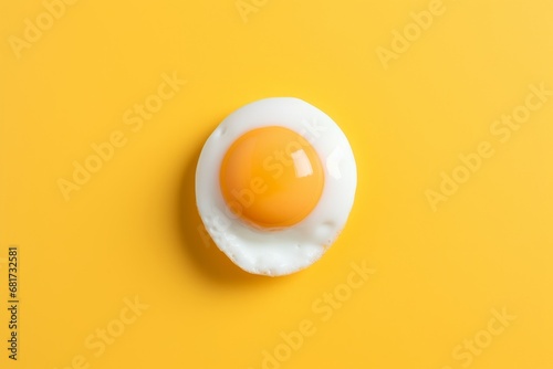 Golden fried egg with perfectly cooked yolk on yellow background, top view culinary concept photo
