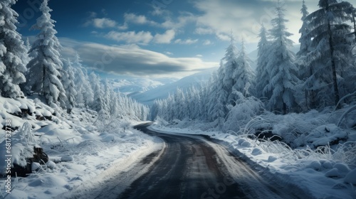A curvy windy road through a snowy forest