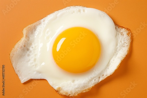 Delicious fried egg with golden yolk, isolated on vibrant yellow background, top view