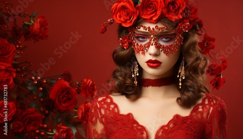 Elegant single woman in venetian carnival costume on vibrant background with copy space