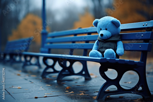 Blue Monday. Blue plush bear sits alone on a bench. photo