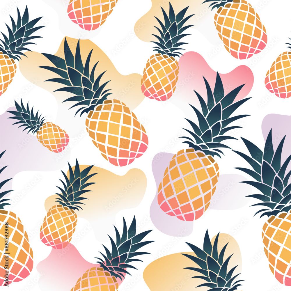 Vector seamless pattern with bright pineapple on a colorful abstract background.
