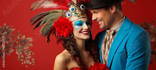 Couple in venetian carnival costumes posing on colorful studio background with copy space