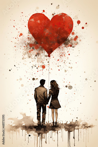 A young couple in love holding hands with a red heart-shaped globe. Watercolor of a romantic couple on Valentine's Day. illustration, banner, card, cartoon. AI generated
