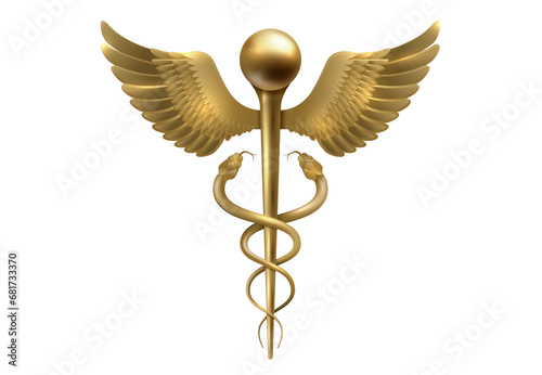 Gold Caduceus Medical Icon Vector element. Medical Snake Rod with Wings Caduceus Golden Logo Sign Template Vector Isolated on White Background