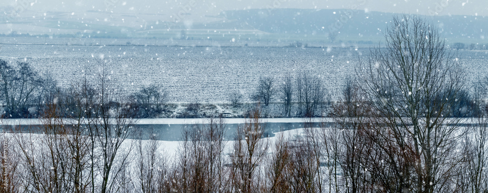 Obraz premium Winter landscape with thickets of trees and bushes near a river and a field during a heavy snowfall
