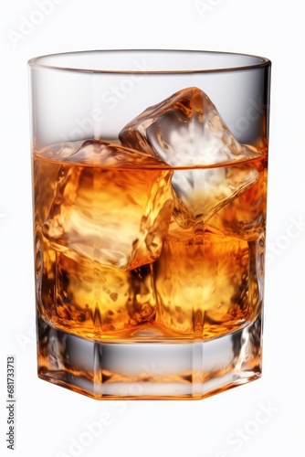 A glass filled with whiskey and ice cubes. Perfect for showcasing the elegance and sophistication of a classic drink. Ideal for use in advertisements, menus, or articles about whiskey or cocktails.