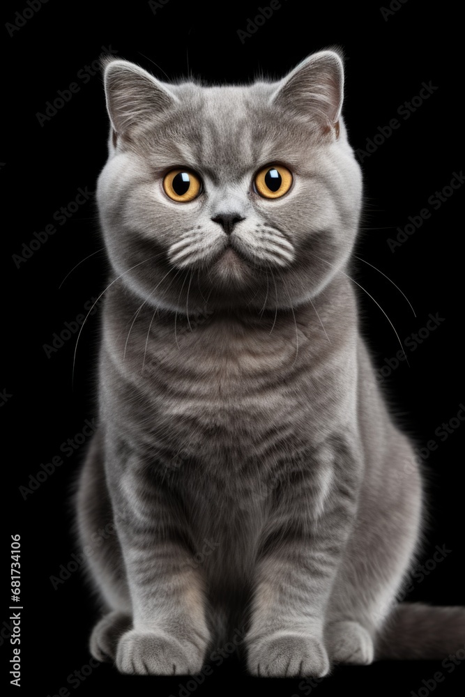 A gray cat with yellow eyes sitting on a black surface. This picture can be used for various purposes, such as pet-related articles, cat care guides, or even Halloween-themed projects.