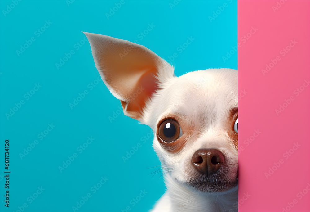 chihuahua puppy on blue background, chihuahua dog puppy peeking over pastel bright background. advertisement, banner, card. copy text space. birthday party invite invitation 