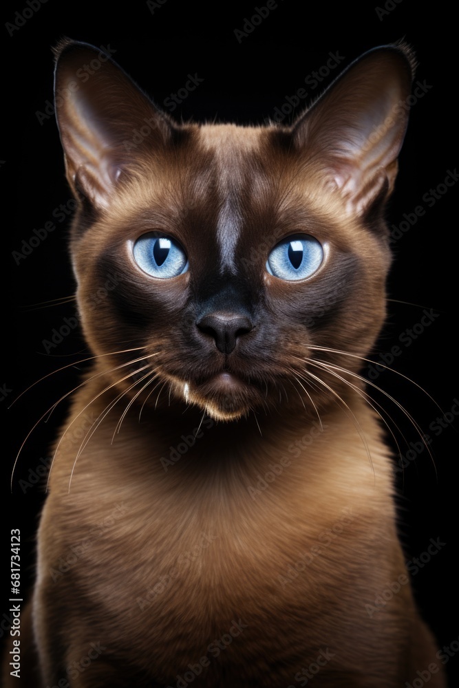 A close up view of a cat with striking blue eyes. This image can be used to portray the beauty and intensity of a feline's gaze. Ideal for cat lovers, pet-related content, and animal-themed designs.