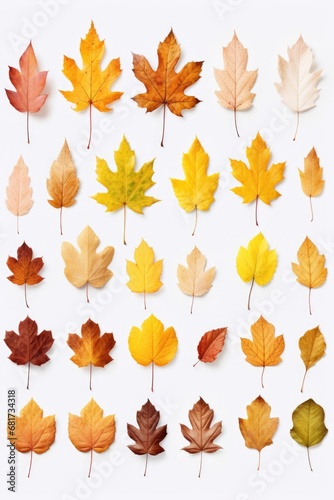 A collection of various colored leaves arranged on a white surface. Perfect for autumn-themed designs and nature-inspired projects.