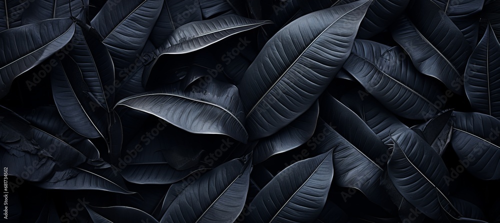Obraz premium Abstract black leaf textures on tropical leaf backgroundflat lay with dark nature concept.