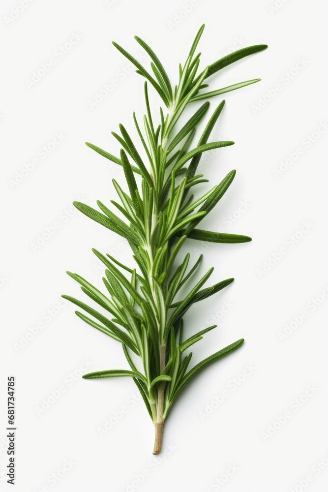 A single sprig of fresh rosemary placed on a clean white surface. This versatile image can be used to enhance various culinary, herbal, or natural themes.
