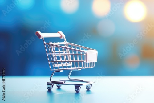 A small shopping cart is placed on top of a table. Perfect for illustrating concepts related to shopping, consumerism, retail, or e-commerce photo