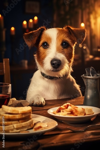 A dog is sitting at a table with a plate of food. This image can be used to depict a well-behaved pet or to showcase training and discipline photo