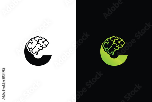 Initial letter C brain logo and icon vector illustration template design. Letter C Brain Idea Logo.